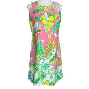 Floral Beaded Neckline Dress 8 Sheath Cotton Blend Tropical Colorful Painted